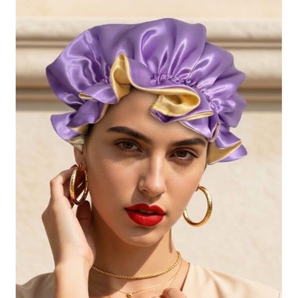 Reversible Satin Sleep Bonnet Hat – Purple & Yellow – Extra Large, Elastic Fit